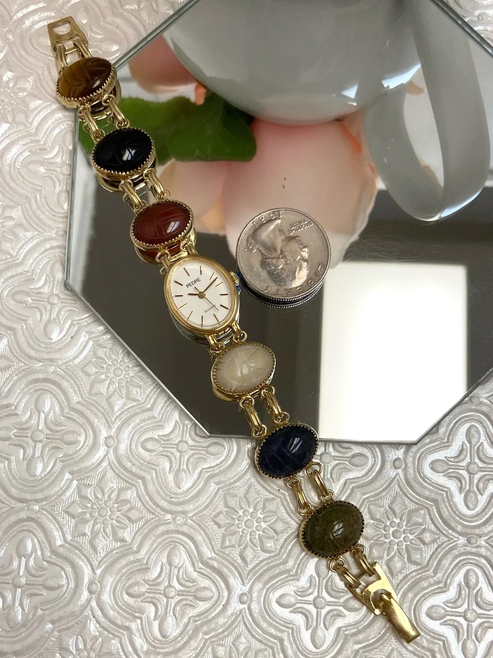 Vintage Pedre Scarab Bracelet Egyptian Revival Gold-tone Ladies Watch